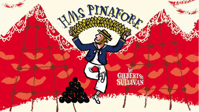 Cartoon picture of a sailor playing a concertina in front of ship's rigging